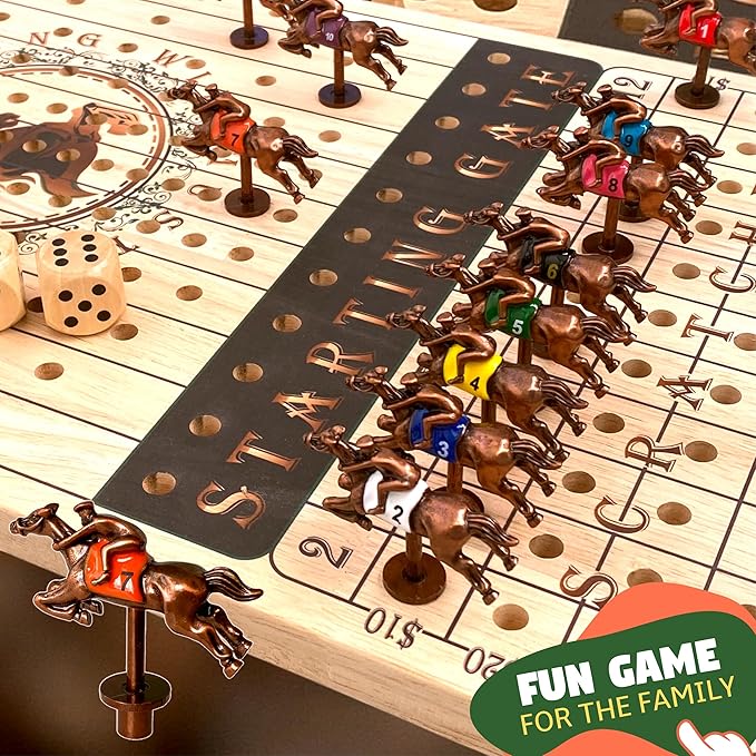 New Metal Horses Horse Race Board Game with 11 Metal Horses, 2 dice and 2 Boxes of Cards, Thick Luxurious Chessboard Wood, Horse Racing, Adult Game for Parties, Family Night
