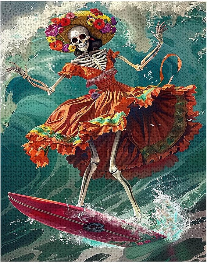 Tucocoo Skull Surfing Ocean Jigsaw Puzzles for Adults 1000 Pieces, Dancing Skeleton Mexican Dress Art Puzzle Colorful DIY Craft Puzzles for Home Decoration Gift, Family Puzzle Perfect for Game Nights