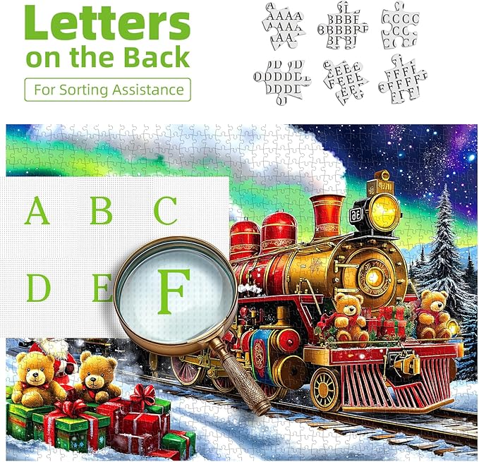 Blueforest Christmas Train Puzzles for Adults 1000 Pieces - 27.5x19.7 Inches Holiday Train Scene with Aurora & Santa Jigsaw Puzzle, Challenging Art Puzzle Home Decor