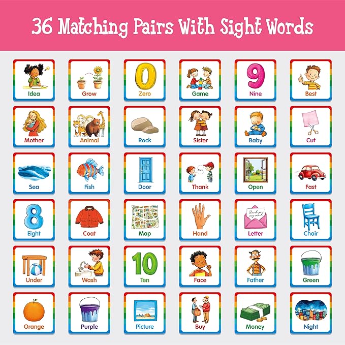 Memory Matching Game, 72 PCS Sight Words Matching Cards for Kids, 36 Pairs Memory Cards, Educational Toy for Children to Learn Sight Words 5+ Years Old