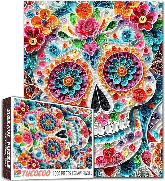 Tucocoo Skull 1000 Piece Puzzle for Adults Colorful Flowers Paper Art Vibrant Jigsaw Puzzles Fun and Challenging Puzzle Stress Relief Activities Family Games Night Home Wall Decor Gift 27x20 Inch