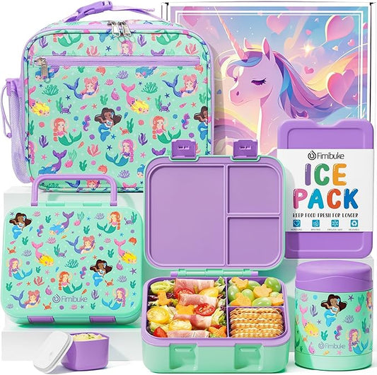 Fimibuke Bento Lunch Box for Kids with Thermos, 3-Compartment 32OZ Snack Lunch Container, Lunch Bag, 12OZ Insulated Food Jar & Ice Pack Set for Age 3-12 School Daycare Toddler Teen Girls Boys, Mermaid