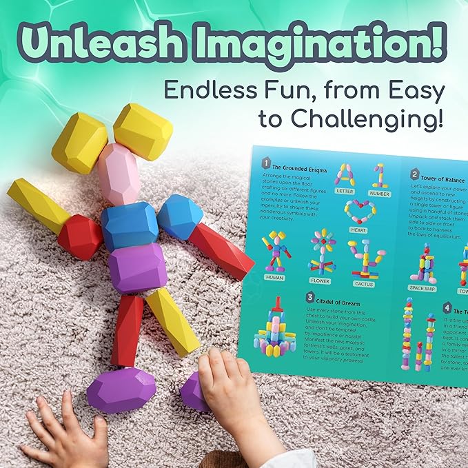 Wooden Stacking Blocks โ Montessori Toys for 1 2 3 4 5 6 Year Old Toddlers and Kids, No Choking Hazard โ Building Rocks Stones Games, for Girls and Boys