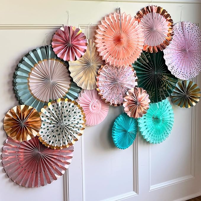PapaKit Origami Wall Decoration Set (8 Assorted Round Paper Fans) Birthday Party Baby Shower Wedding Events Decor | Creative Art Design Pattern (Sage Green with Metallic Gold Accent)