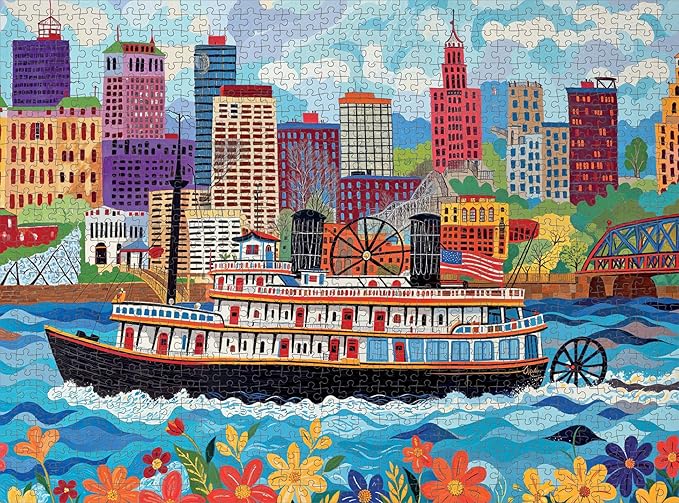 Cross & Glory - Queen City Paddle Wheel Adventure - 1000 Piece Jigsaw Puzzle for Adults | Historic Cincinnati Riverboat Scene | Vibrant Folk Art Design with Satin Finish | 20x27 Inches