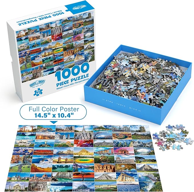 BenBen 1000 Piece Puzzle for Adults, 4 Pack Jigsaw Puzzles with Letters on Back, World Landscape, USA Landmarks, Dogs' Dinner Party, Jungle Parrots
