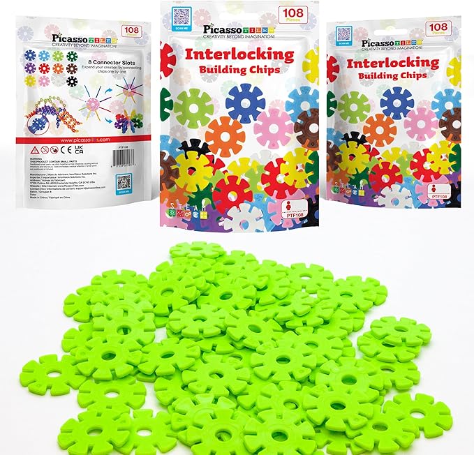 PicassoTiles Building Chips Interlocking Disc Construction Blocks in Light Green Color STEM Learning Early Education Toy Engineering Playset Child Brain Development for Girls Boys Kids Age 3+ PTF108