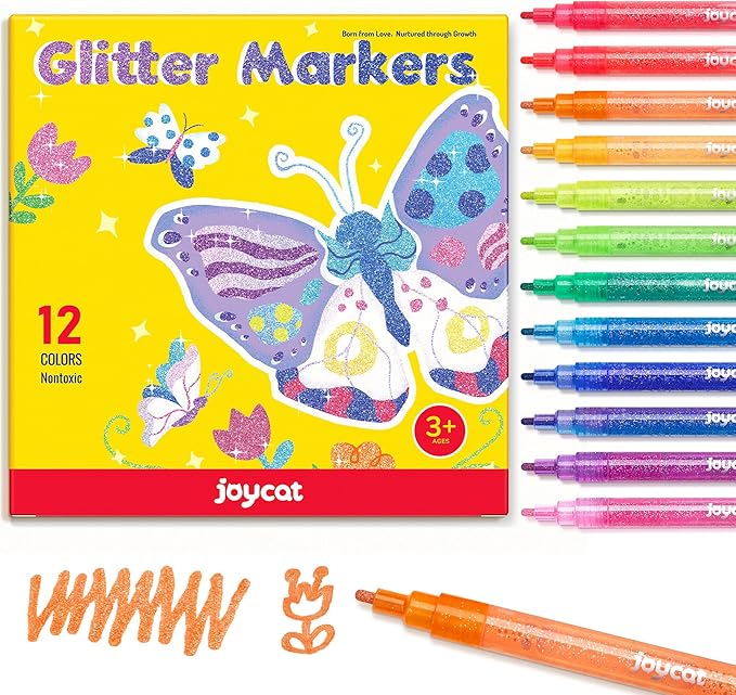 JoyCat 3mm Medium Tip Glitter Markers - 12 Vibrant Colors (Red to Pink) | 3ml High-Capacity Ink | Multi-Surface Paint Pens for Rock, Wood, Fabric, Glass | Gift for Kids DIY Crafts