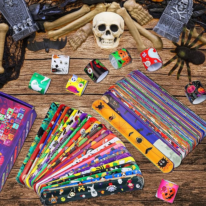 LUYI 144 PCS Halloween Slap Bracelets,Halloween Party Favors Supplies for Kids-108 Different Designs Bracelets Bulk for Halloween Decorations Treat Toys Bag Stuffers Gift for Kids Girls Boys