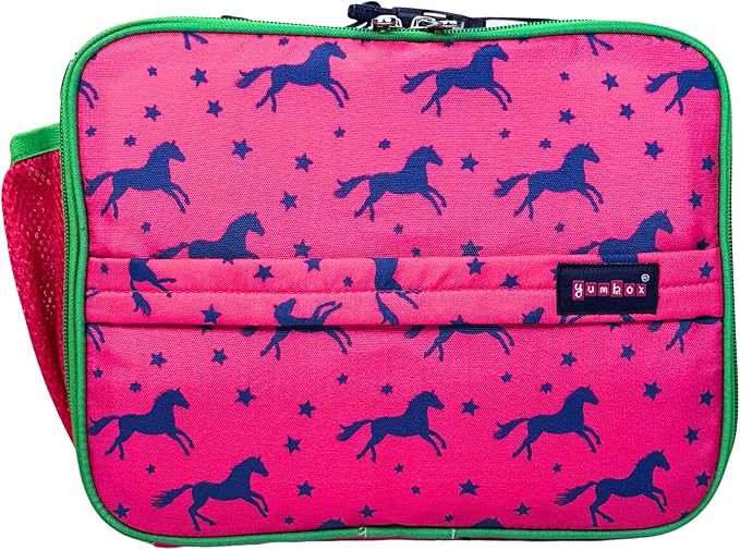Yumbox Kids Lunch Bag, Holds Lunch Box and Water Bottle, 3 Ways to Carry, Zip Closure, Inside Zipper Netting, Wipe Clean Fabric with EVA lining for extra insulation (Horse Lunch Box)