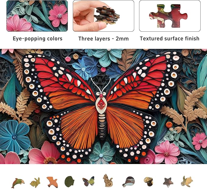 Butterfly Jigsaw Puzzles for Adults 1000 Pieces, Brain Challenging Shaped Puzzle for Game Night, Family, Friends, Size is 26.6 x 19.2, Paper Cutting Art