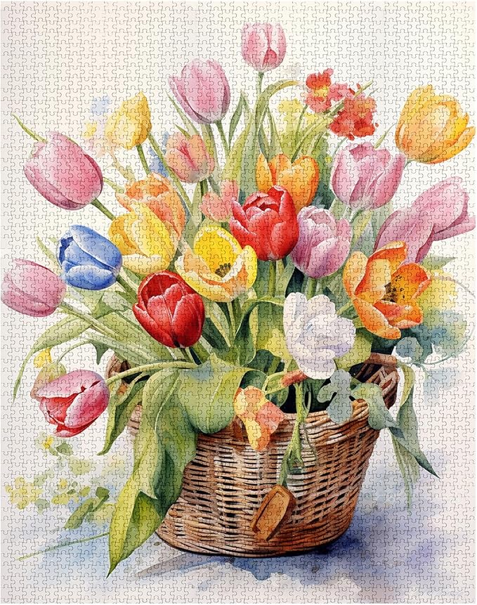 1000 Piece Jigsaw Puzzles for Adults Basket Filled with Colorful Tulips Painting Jigsaw Puzzle Flowers 1000 Pieces Puzzles Game Watercolor Style Floral Wall Decor DIY Craft Puzzle Tulips Flower Art