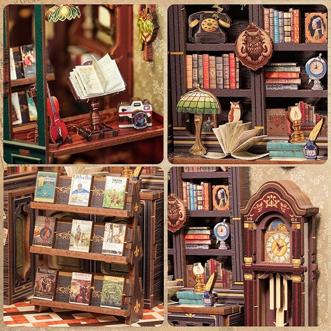Fsolis Book Nook Kit, DIY Scene Miniature House Kit Tiny House Mini Booknook Craft Bookshelf Decor, 3D Puzzles for Adults, 139 Wooden Pieces, Scale Library Model, Gifts for Book Lovers(OWL Bookstore)