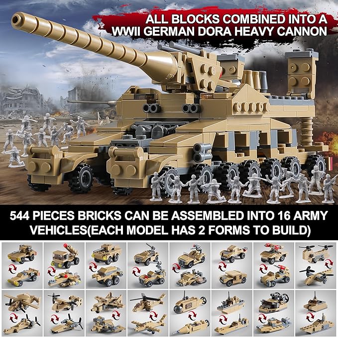 WW2 Army Tank Toys Building Sets Compatible with Lego, Create a German Dora Cannon or 16 Military Vehicles with 20 Toy Soldiers, STEM Toys for Boys Kids Age 6+ Year Old