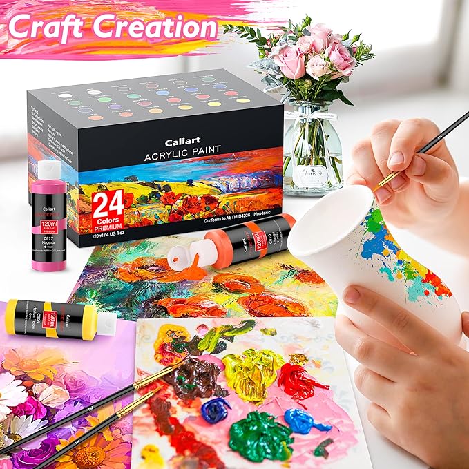 Caliart Acrylic Paint Set with 12 Brushes, 24 Colors (120ml, 4oz) Art Craft Paints for Artists Kids Students Beginners & Painters, Canvas Ceramic Wood Rock Painting Art Supplies Kit