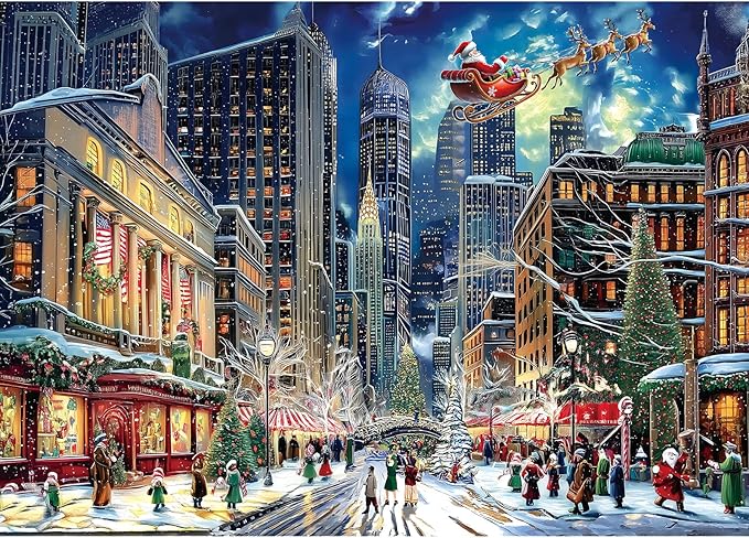 Blueforest Christmas Jigsaw Puzzle 1000 Pieces for Adults - 27.5x19.7 Inches City Night Scene with Santa Sleigh, Challenging Fun Adult Puzzles Home Decor