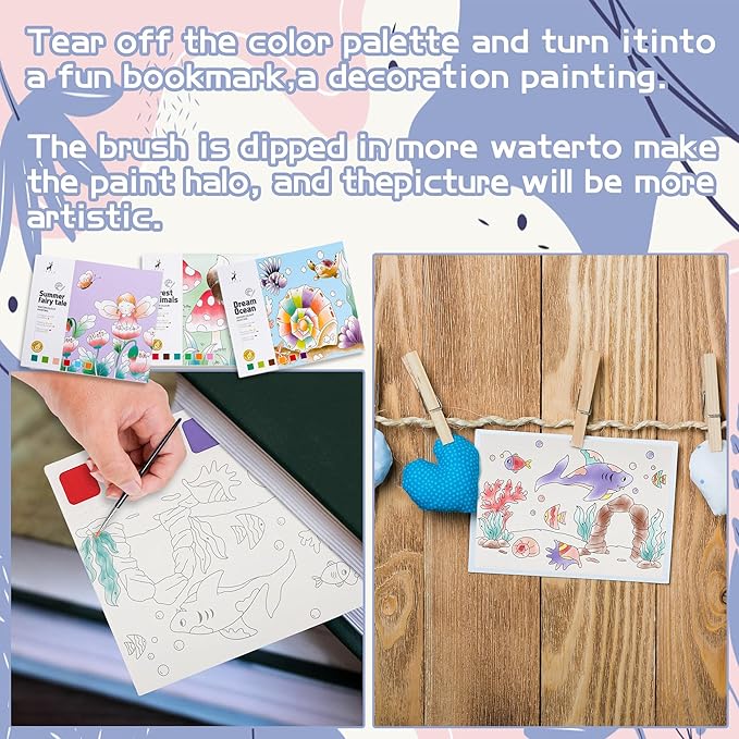 3 Pack Watercolor Coloring Books for Kids Watercolor Paint Book water color paint sets for kids coloring books for kids ages 4-8 Water Colors Paint Kids Pocket Hand Book Stocking Goodie Bag