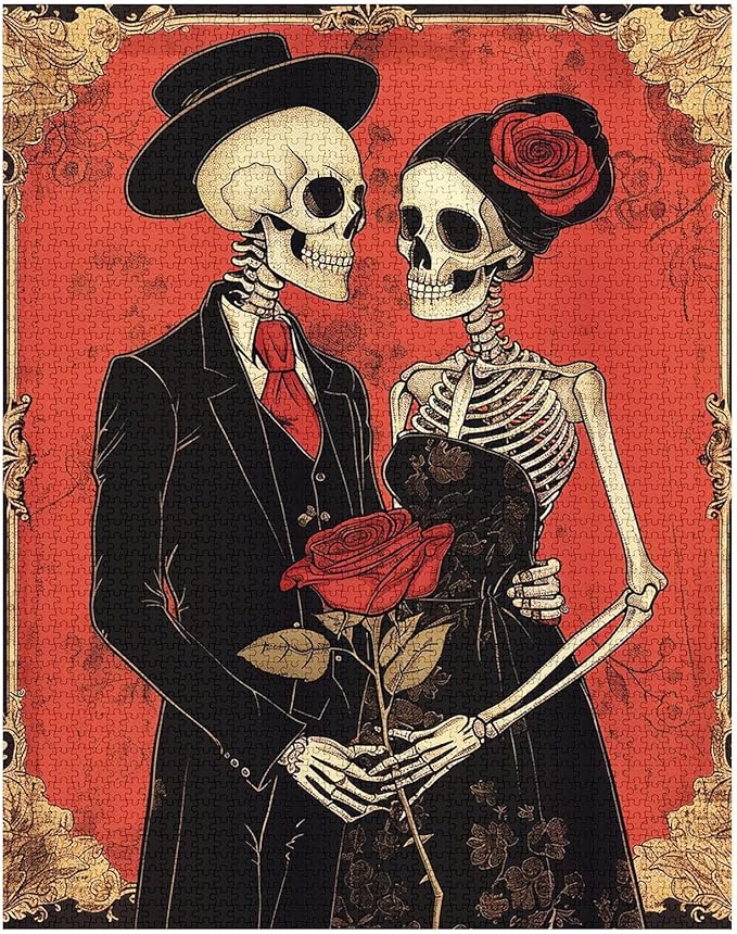 Tucocoo 1000 Piece Jigsaw Puzzles for Adults Skeleton Couple Painting Puzzle Skeletal Rose Flower Art 1000 Pieces Puzzles for Challenging Family Activity Game Colorful DIY Puzzle Wall Decor Gifts