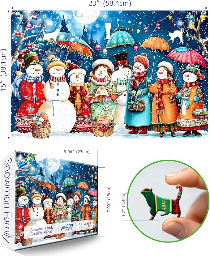 Christmas Snowman Jigsaw Puzzles for Adults 500 Pieces Winter Wonderland Night Holiday Scene with Glowing Lights Fun Family Puzzles Gift for Adults Seniors