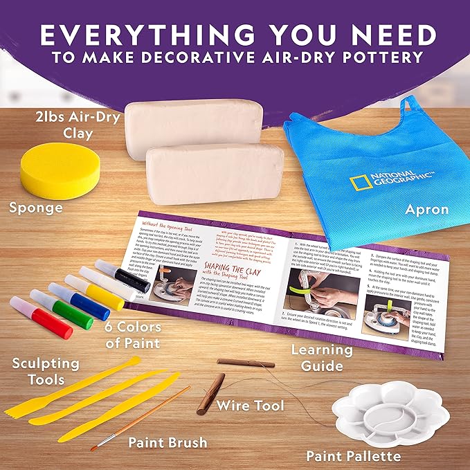 NATIONAL GEOGRAPHIC Pottery Wheel for Kids – Complete Pottery Kit for Beginners, Plug-in Motor, 2 lbs. Air Dry Clay, Sculpting Clay Tools, Apron & More, Patented Design, Craft Kit (Amazon Exclusive)