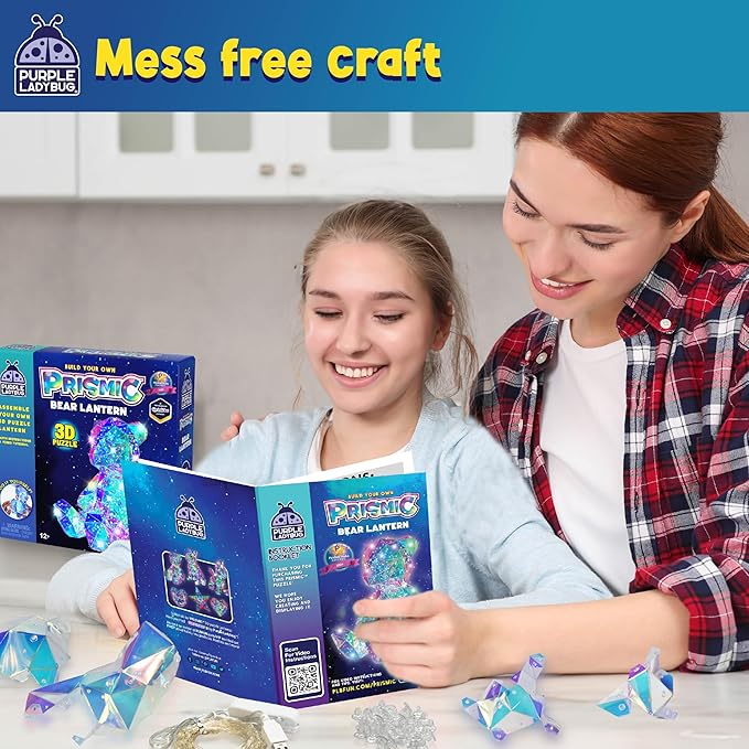 PURPLE LADYBUG Prismic 3D Bear Puzzle Nightlight - DIY LED Craft Kit for Kids & Teens, USB-Powered Holographic Light-Up Decor, Room Decor for Boys & Girls