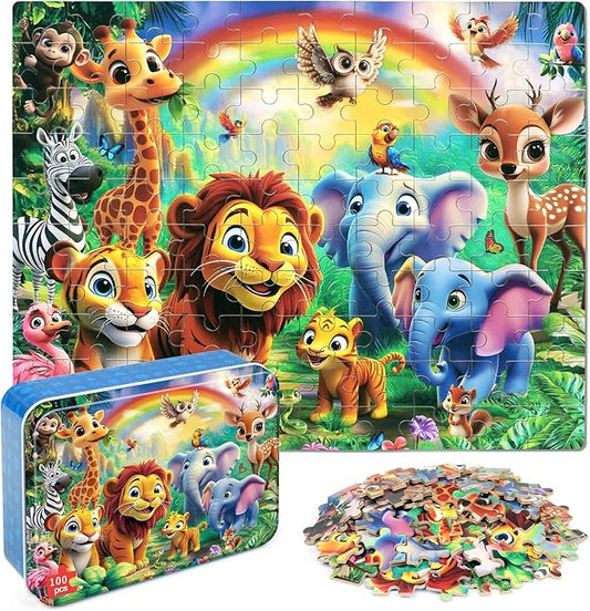 Jungle Animals Puzzles for Kids Ages 4-8, 100 Pieces Jigsaw Puzzles for Kids Ages 3-5 Puzzle for Girls and Boys Learning Educational Puzzles Toys in a Metal Box 