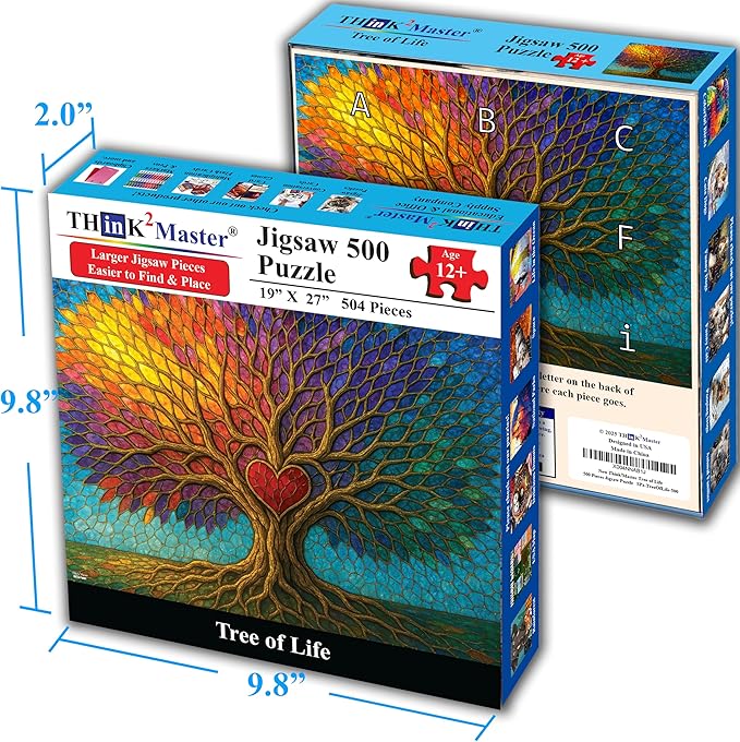 Think2Master Colorful Vibrant Stained Glass Style Artwork Tree of Life 500 Pieces Large Format Jigsaw Puzzle: Kids 12+, Teens, Adults & Families. Great Gift. Size: 26.8” X 18.9”