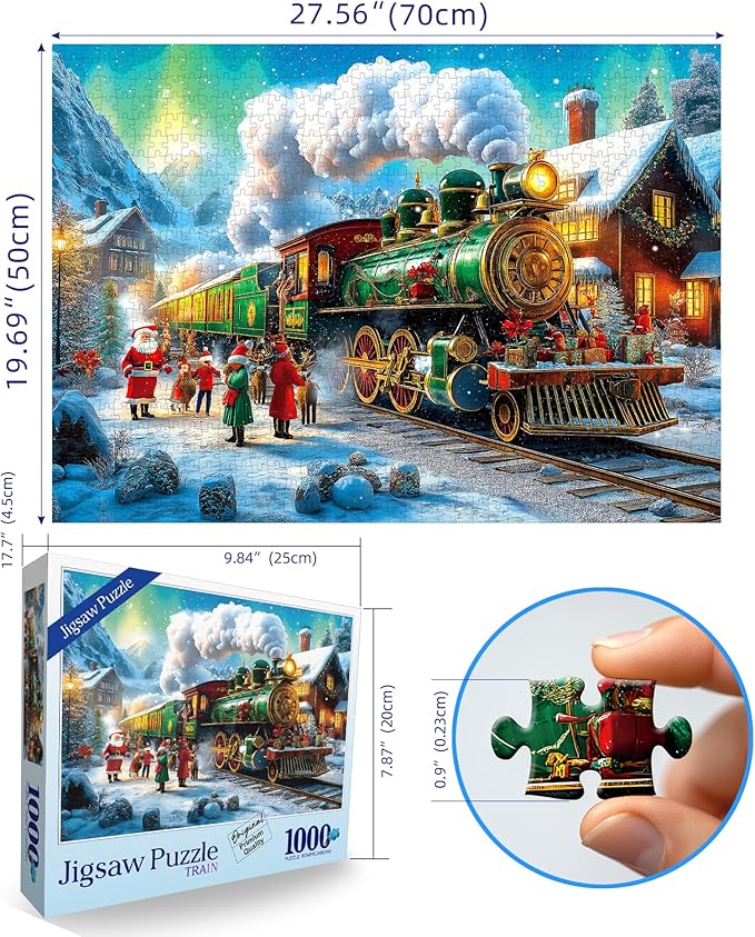 Christmas Puzzles for Adults 1000 Pieces Winter Train Town Jigsaw Puzzles for Adult Puzzles 1000 Pieces with Letters on Back Challenging Holiday Family Puzzle Gifts for Women Men Seniors