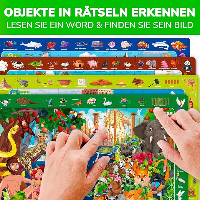 QUOKKA 60 Piece Kids Puzzles Ages 5-8 - Set of 4 Bible Jigsaw Puzzles for Kids 4-6-10 Year Old - Tower of Babel - Noah`s Ark - Eden Toys for Children 5-7 yo - Christian Gifts for Boys & Girls
