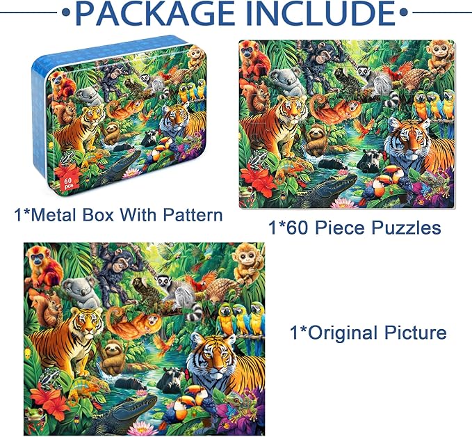 LELEMON Puzzles for Kids Ages 4-6, Jungle Puzzle 60 Piece Puzzles for Kids in a Metal Box, Educational Kids Puzzles Jigsaw Puzzles Childrens Puzzle Games Puzzle Toys for Girls and Boys