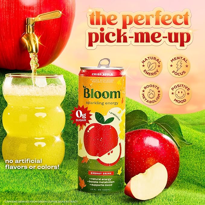 Bloom Nutrition Sparkling Energy Drink - Natural Caffeine, Zero Sugar, 180mg Caffeine - Antioxidant-Rich with Green Coffee Bean, Green Tea Extract, Prebiotics - Crisp Apple - 12oz 12 Pack