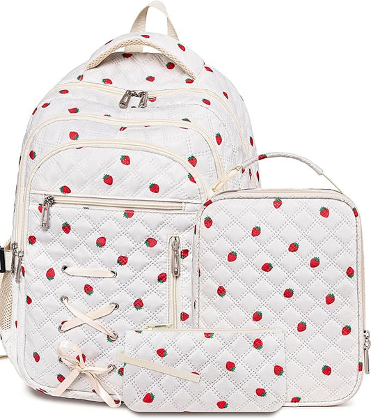 Cute Strawberry Print Backpack with Lunch Box and Pencil Case for Girls Teens Kids for Age 8-10 10-12 12-14 Kawaii Backpack for Elementary Middle High School Bookbag Mochila Para Niñas