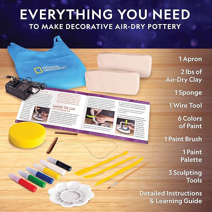 Blue Marble National Geographic Deluxe Pottery Wheel Kit – Complete Starter Pottery Set, Plug-in Motor, 3 lbs. Air Dry Clay, Gemstone Chips, Sculpting Tools, Patented Arm Tool, Paints & More