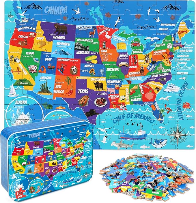 LELEMON United States Puzzles for Kids Ages 4-8,100 Pieces USA Sea Map Jigsaw Puzzles in a Metal Box,Fun America Map Learning Educational Toys for Boys Girls