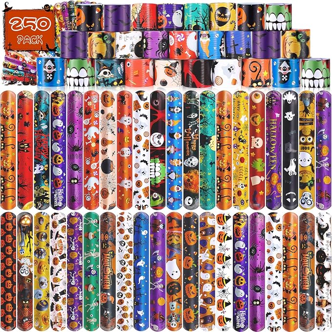 LUYI 250 PCS Halloween Slap Bracelets,Halloween Party Favors Supplies -50 Different Designs Bracelets Bulk for Halloween Decorations Treat Toys Bag Stuffers Gift