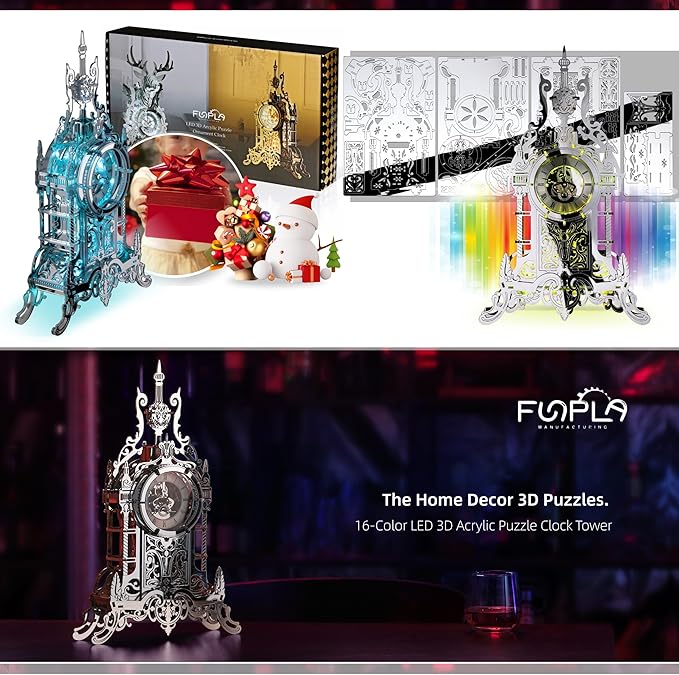 LED 3D Puzzle Tower Clock for Adults - Elegant Home Décor Building Model with Color-Changing LEDs - Ideal Acrylic Puzzle Gifts for Teens and Adults