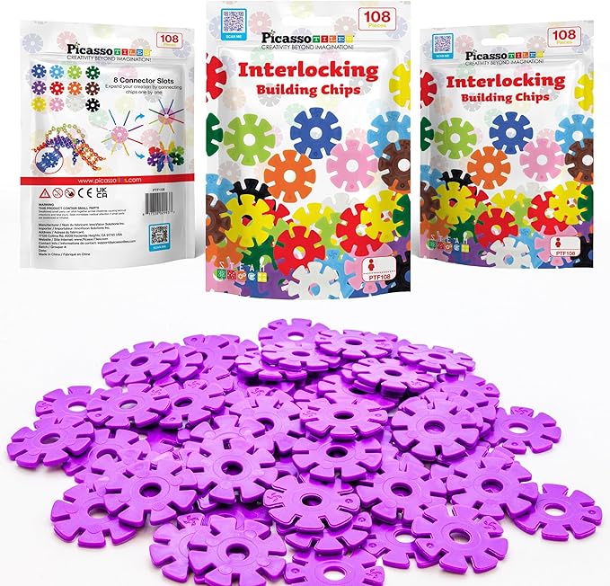 PicassoTiles Building Chip Interlocking Disc Construction Blocks in Purple Color STEM Learning Early Education Toy Engineering Playset Child Brain Development for Toddler Girls Boys Kids Age 3+ PTF108