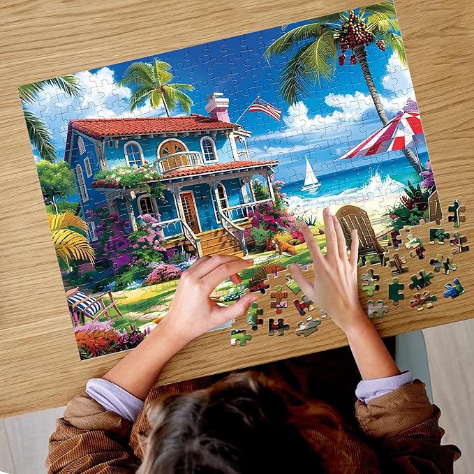300 Pieces Puzzle for Adults | Beach House Puzzle | Recycled Cardboard Large Piece Jigsaw Puzzles 300 Pieces | Challenging Game Home Decor Birthday Party Gift Toy for Adults Kids Seniors 20.5*15 inch