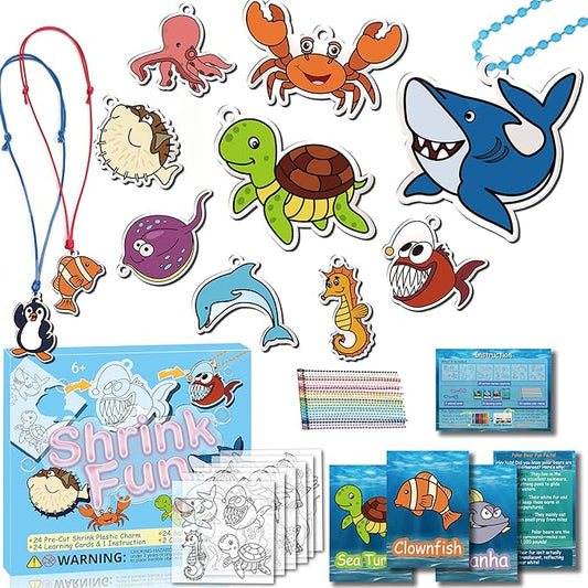 75PCS Shrinking Art Kit for Kids, 24 Plastic Pre Cut Charms, 24 Learning Cards & Accessories, Make Charms, Keychains & Necklace, No Mess Creative Activity for Boys and Girls, Gifts for Smart Kids