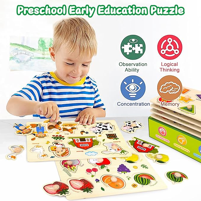 Wooden Puzzles for Toddlers,6 Pack Toddler Puzzles for Boys Girls,Montessori Toys for Baby,Preschool Learning Wooden Peg Puzzles for Kids with Farm,Insects,Numbers,Shapes,Animals,Fruits
