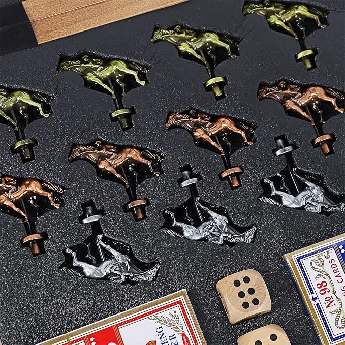 Glintoper Large 21" Horse Racing Game for Adults Family, Horse Race Board Games with 11 Luxury Metal Horses, Foldable Wood Board with 2 Dices 2 Boxes of Cards 40 Poker Chips Finish Line for Parties