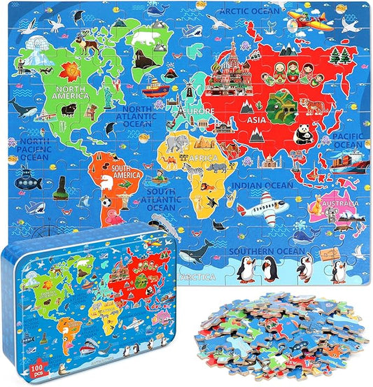 LELEMON World Map Puzzles for Kids Ages 4-8,100 Pieces World Sea Map Jigsaw Puzzles in a Metal Box,Fun World Map Learning Educational Toys for Boys Girls