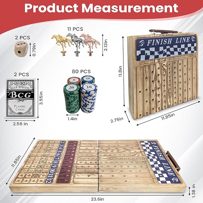 23-Inch Premium Horse Racing Board Game – Foldable Wooden Horse Race Board Game with 11 Numbered Metal Horses, Dice, Cards, and 80 Poker Chips for Parties & Friendly Betting