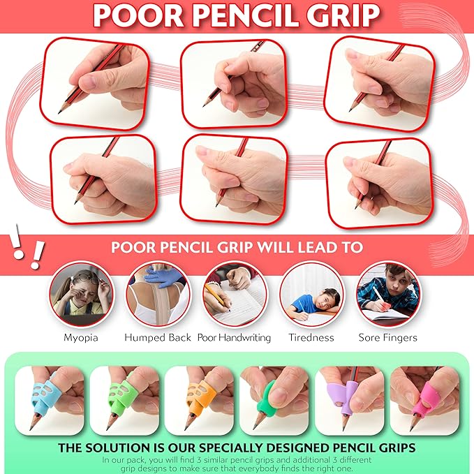 Stylo Pack of 6 Pencil Grips for Kids Handwriting Perfect Pencil Holders Home Schooling and Preschool Writing Tools Assorted Pen Grips Christmas Gifts (Pack of 6, Multicolored)