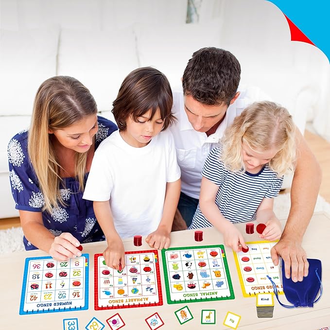 Family Bingo Game, Alphabet Animal Sight Word and Number Bingo Board Game, Counting and Matching Skills Classic Educational Game for Kindergarten and Preschool Kids, Perfect for Home and Classroom
