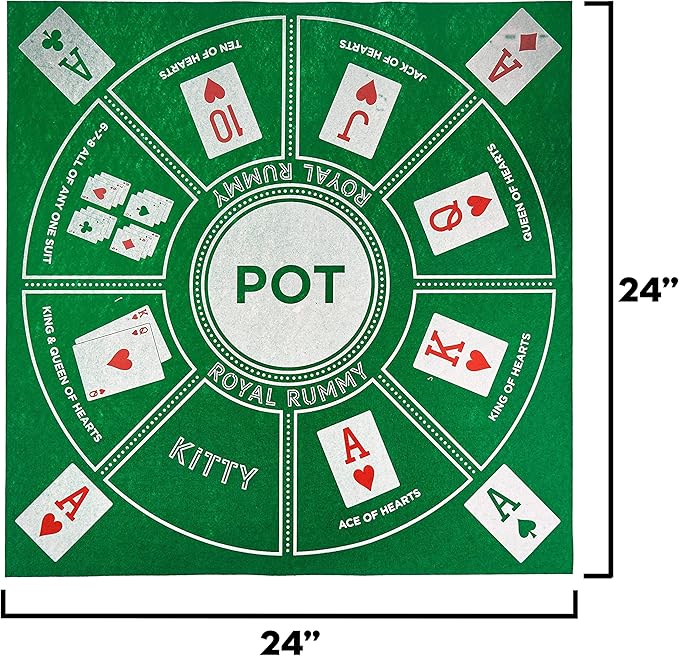 MBGBrybelly Royal Rummy Play Mat - 24" x 24" Green Felt Mat - Classic Family Casino Card Games of Bets and Bluffs - for Fans of Poker, Michigan Rummy, and Rummy Games - 30+ Min Gameplay, 2-9 Players
