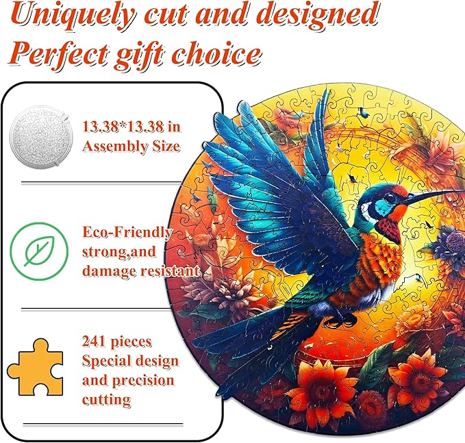 Wooden Puzzles for Adults,Hummingbird Jigsaw Bird Animals Shaped Magic Puzzle Pieces Best Gift for Adults,Can be Used as a Cool Mouse Pad,241pcs,(13.38 * 13.38 inches)