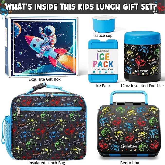 Fimibuke Bento Lunch Box for Kids with Thermos, 3-Compartment 32OZ Snack Lunch Container, Lunch Bag, 12OZ Insulated Food Jar & Ice Pack Set for Age 3-12 School Daycare Toddler Teen Girls Boys, Gamepad