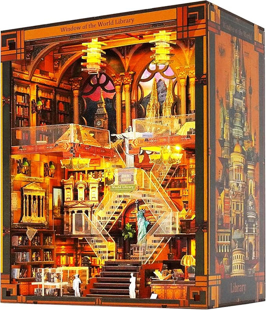 Book Nook Kit for Adults - DIY World Library Booknook, 3D Wooden Dollhouse Puzzle with LED Lights, Miniature Bookshelf Decor for Home Libraries
