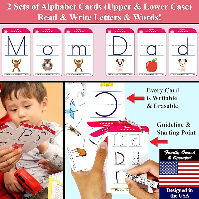 THINK2MASTER Premium 186 Laminated Alphabet, Sight Words & Phonics Flash Cards for Pre K & Kindergarten. (Bonus: 2 Dry Erase Markers, 5 Rings). Learn to Read, Write, Count, Add & Subtract Numbers.